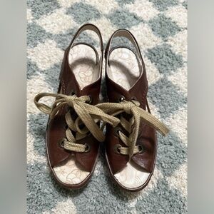 FLY LONDON Ylva Leather Wedge Pump Sandals Lace-up Brown Size 40, US 9-9.5